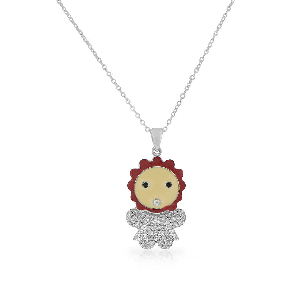 925 Sterling Silver Red Enamel White Clear CZ Baby Girl Pendant Necklace