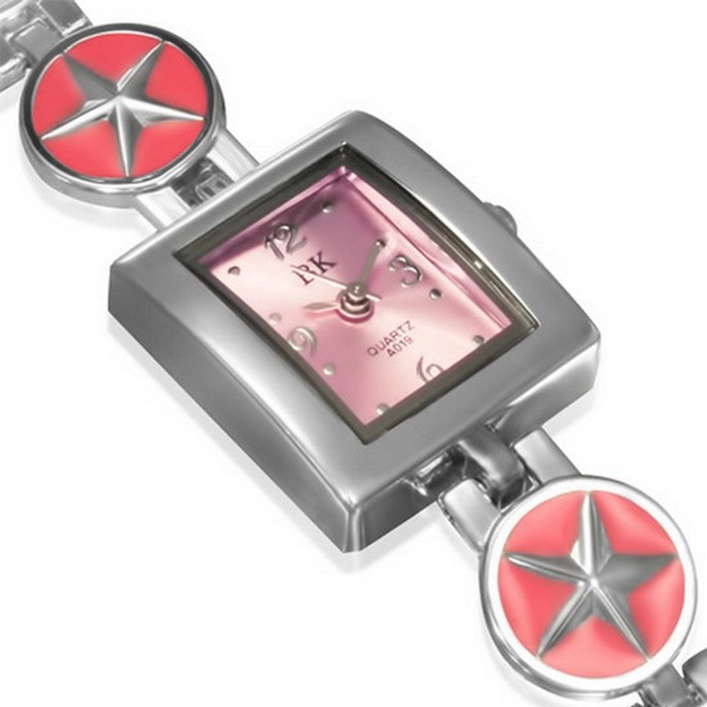 Fashion Alloy Silver-Tone Pink Square Dial Womens Bracelet Watch