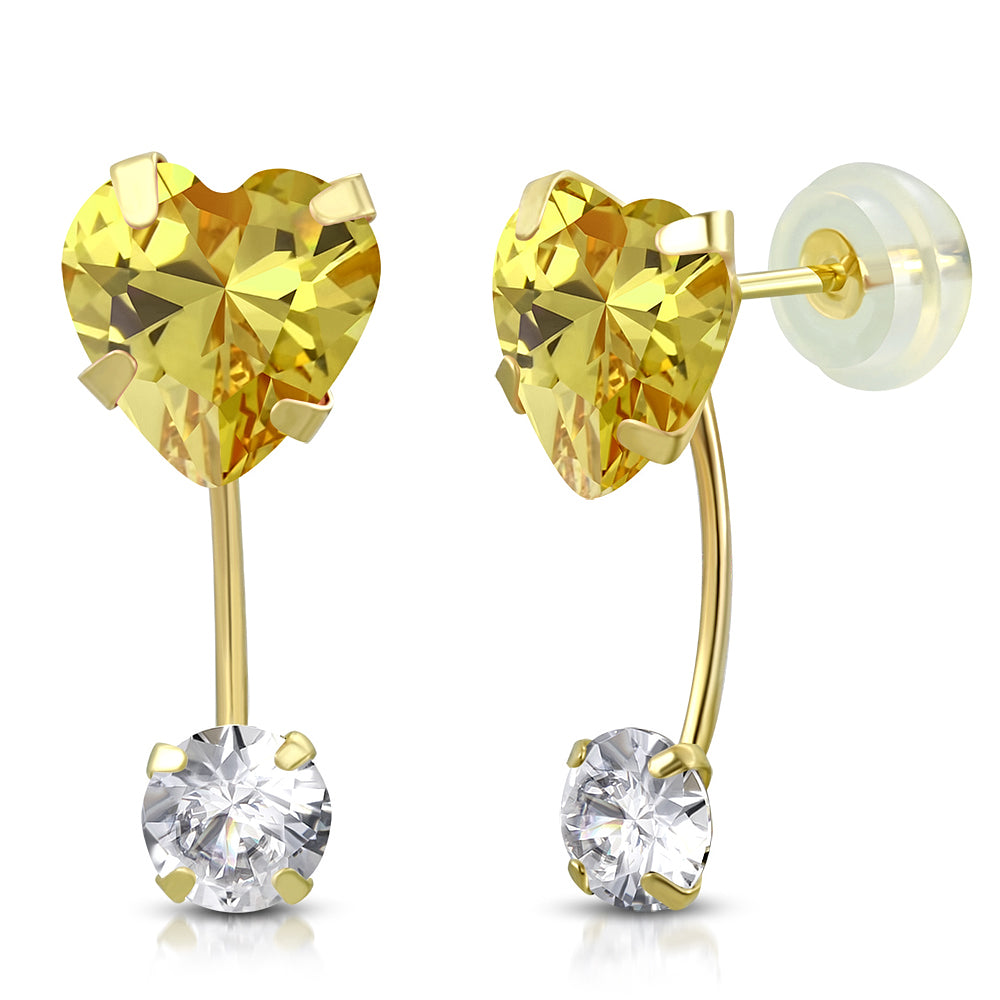 14K Yellow Gold Love Heart Multicolor Birthstone CZ Small Girls Stud Drop Earrings, 0.45"