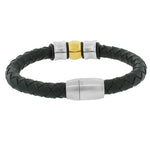 Stainless Steel Black Leather Two-Tone Men's Bracelet