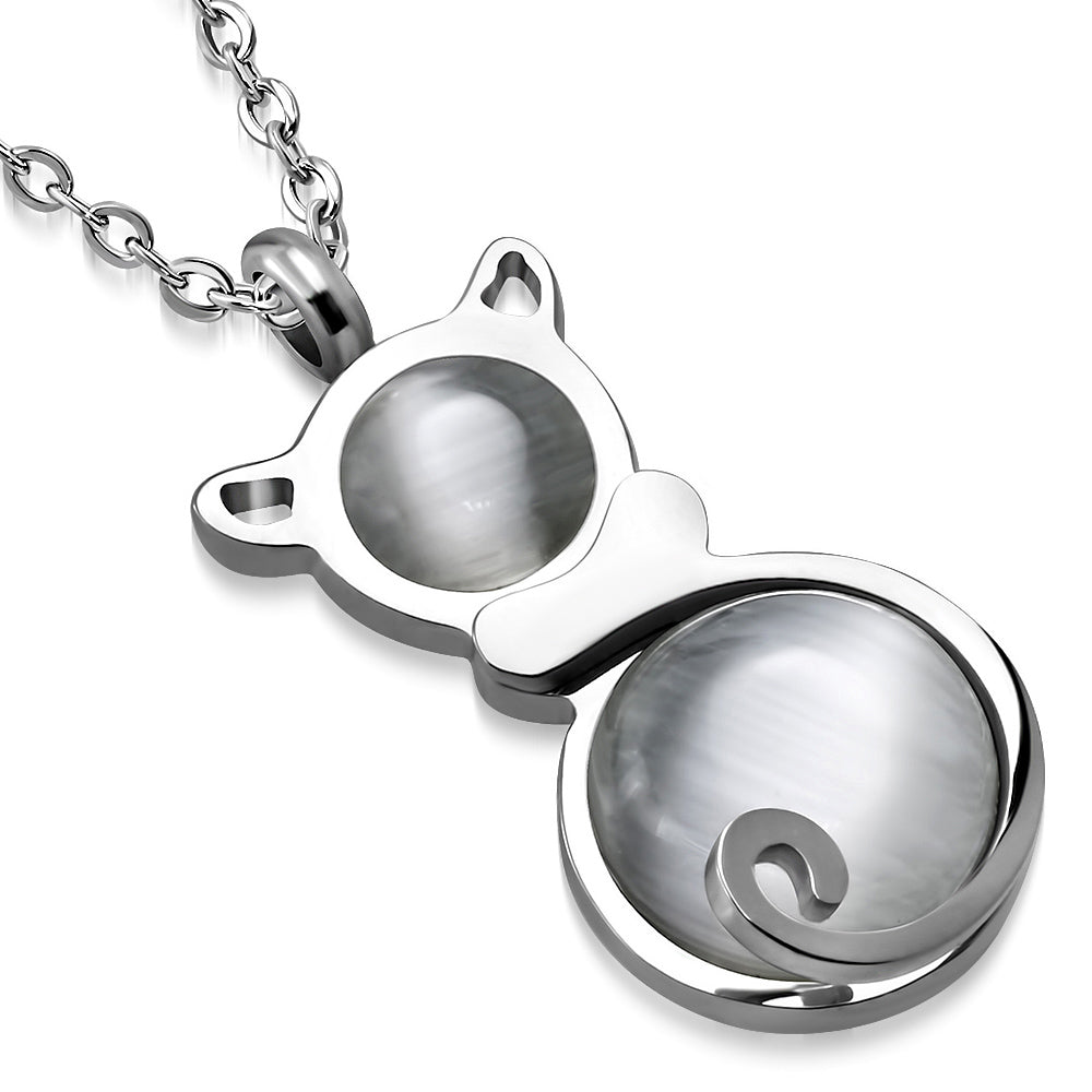 Stainless Steel Silver-Tone Simulated Gemstone Cat Animal Pendant Necklace