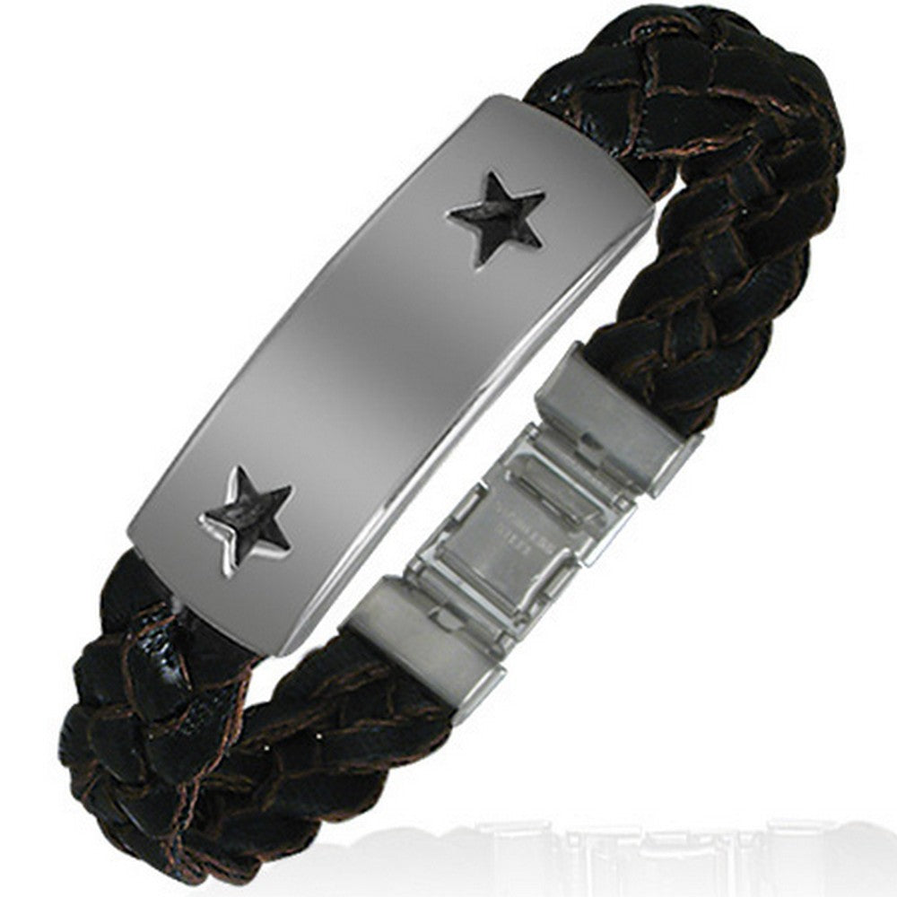 Black Dark Brown Paux PU Leather Stainless Steel Silver-Tone Stars Unisex/Teens/Women Bracelet with Clasp, 7"