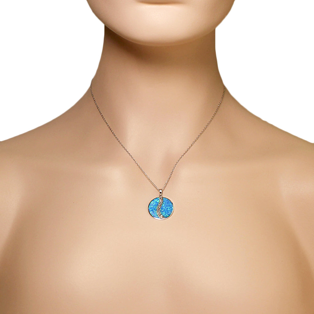 925 Sterling Silver Blue Turquoise-Tone Simulated Opal Greek Key Round Pendant Necklace