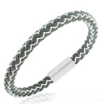 Stainless Steel Black White Faux Leather Silver-Tone Mens Bracelet