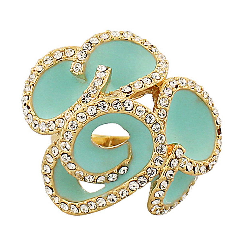 My Daily Styles Fashion Alloy Yellow Gold-Tone Turquoise-Tone White Clear CZ Flower Floral Cocktail Ring