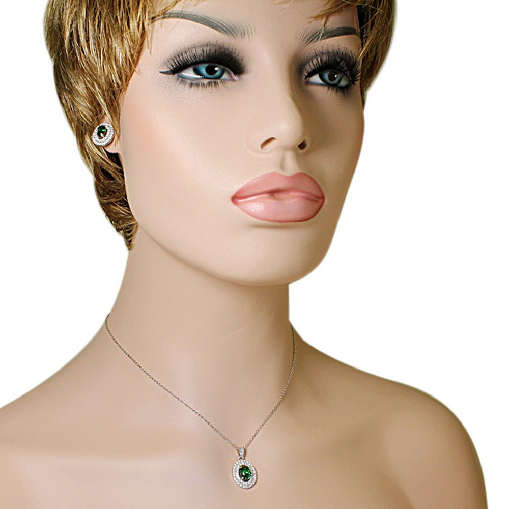 925 Sterling Silver Green Emerald-Tone White CZ Oval Charm Pendant Necklace Stud Earrings Set