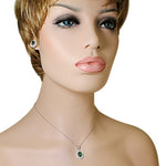925 Sterling Silver Green Emerald-Tone White CZ Oval Charm Pendant Necklace Stud Earrings Set