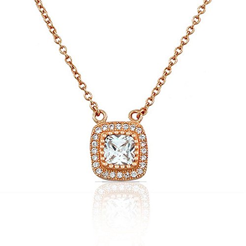 925 Sterling Silver Rose Gold-Tone White CZ Womens Cushion Pendant Necklace