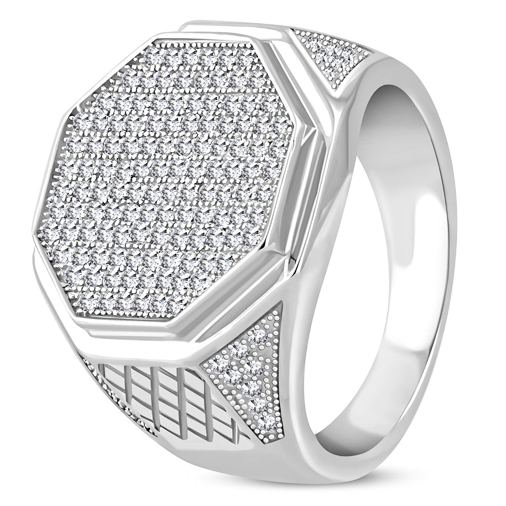 925 Sterling Silver White Clear CZ Large Statement Cocktail Mens Ring Band