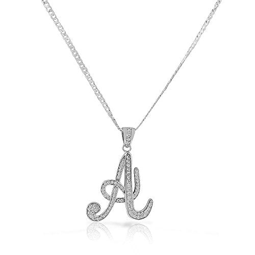 Sterling Silver CZ Letter Initial "T" Pendant Necklace - T