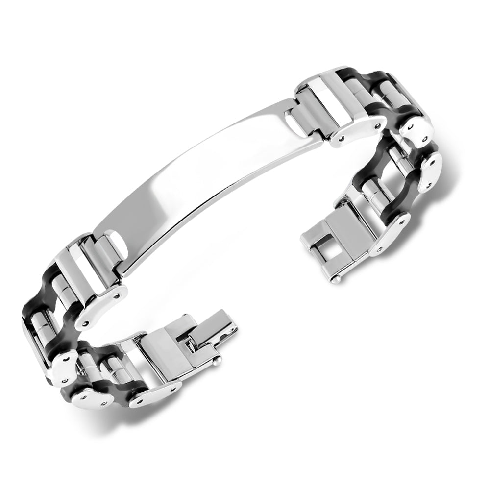 Stainless Steel Two-Tone Silver Black ID Name Tag Men's Link Bracelet, 8"