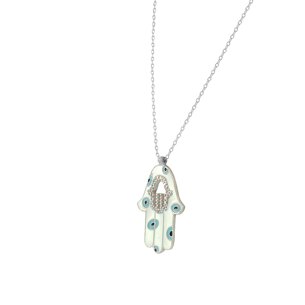925 Sterling Silver CZ White Blue Enamel Evil Eye Hamsa Pendant Necklace