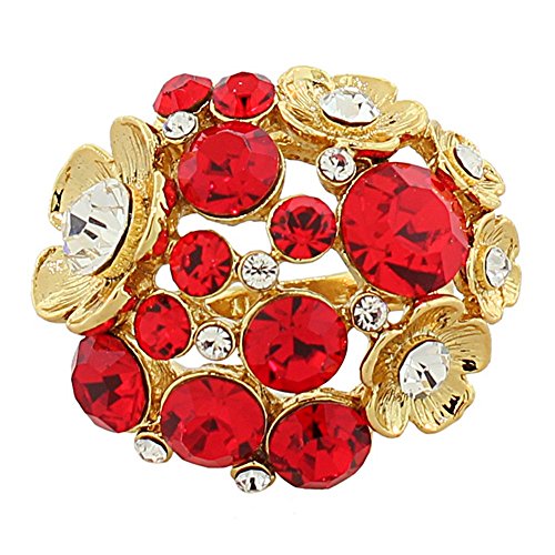 Fashion Alloy Yellow Gold-Tone Red White Clear CZ Flower Floral Design Cocktail Ring