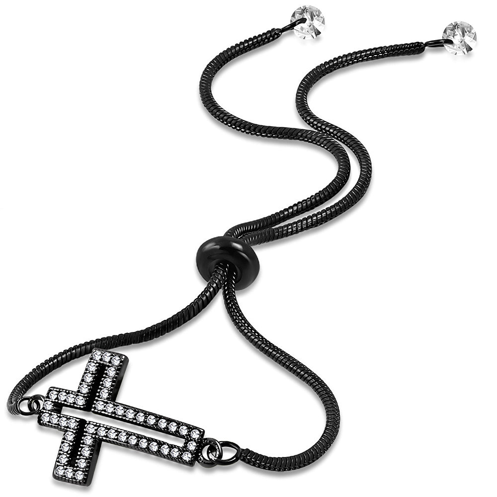 Stainless Steel Clear CZ Cross Adjustable Snake Chain Bracelet
