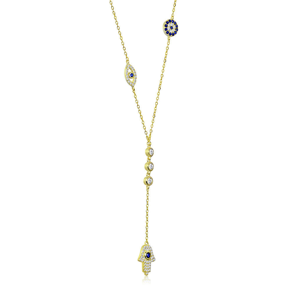 My Daily Styles 925 Sterling Silver CZ Y Necklace for Women with Hamsa, Evil Eye, and Bezel Set CZ Accents - Adjustable Chain 16"-18"