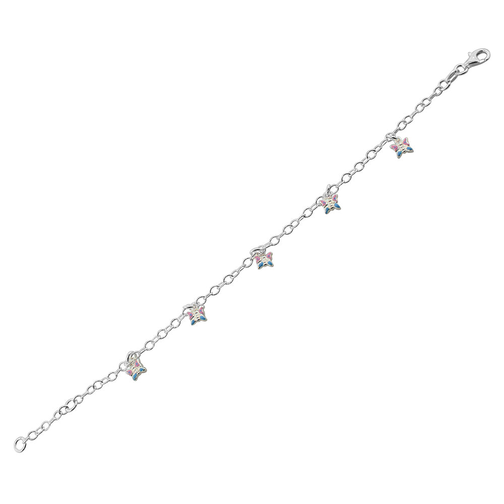 925 Sterling Silver Multicolor Enamel Butterflies Womens Girls Link Chain Bracelet