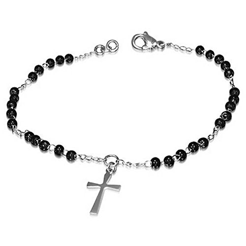 Stainless Steel Black Silver-Tone Religious Latin Cross Womens Link Chain Bracelet