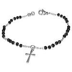 Stainless Steel Black Silver-Tone Religious Latin Cross Womens Link Chain Bracelet