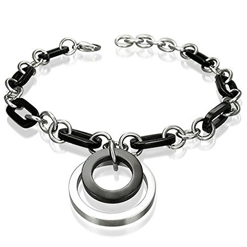 Stainless Steel Two-Tone Concentric Circles Charm Link Womens Bracelet