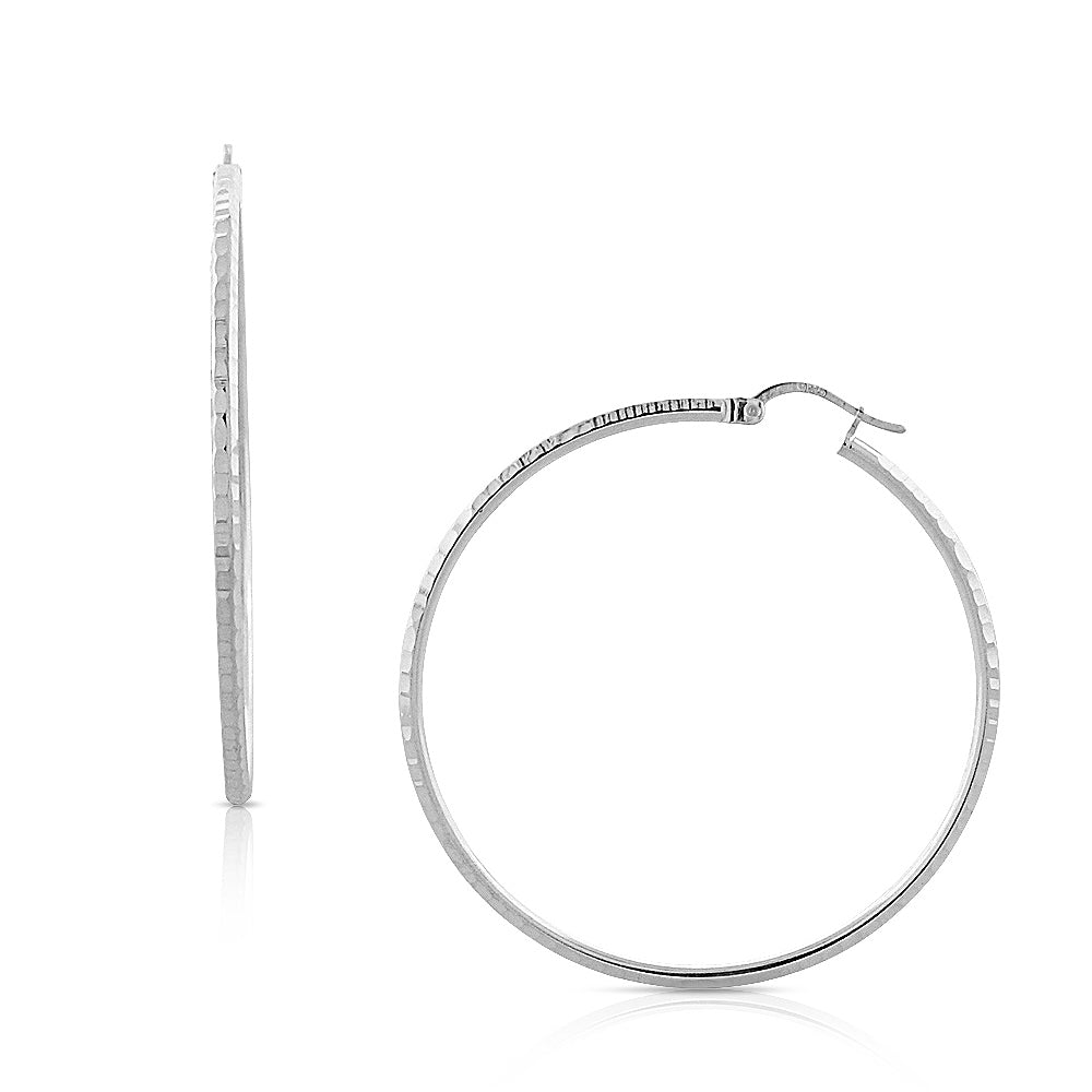 925 Sterling Silver Faceted Round Hoop Earrings, 1.40"