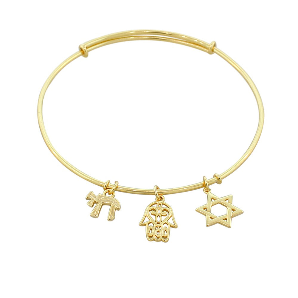 925 Sterling Silver Yellow Gold-Tone Chai Hamsa Star of David Bangle Bracelet