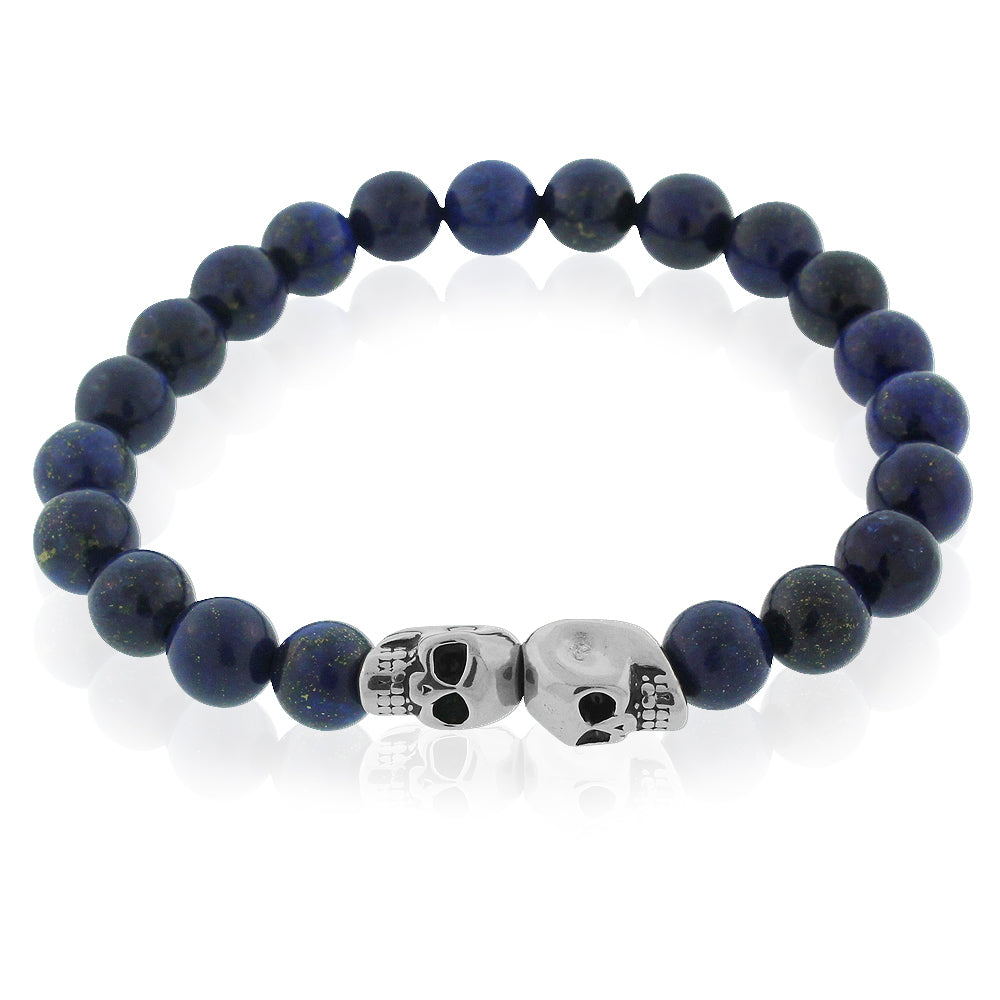 Stainless Steel Blue Silver-Tone Double Skull Beaded Stretch Bracelet