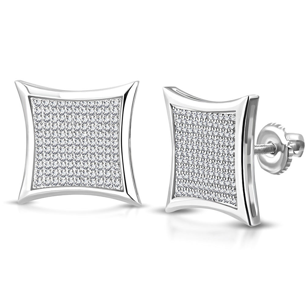 Sterling Silver Square White Clear CZ Screw Back Stud Men's Earrings, 0.70"