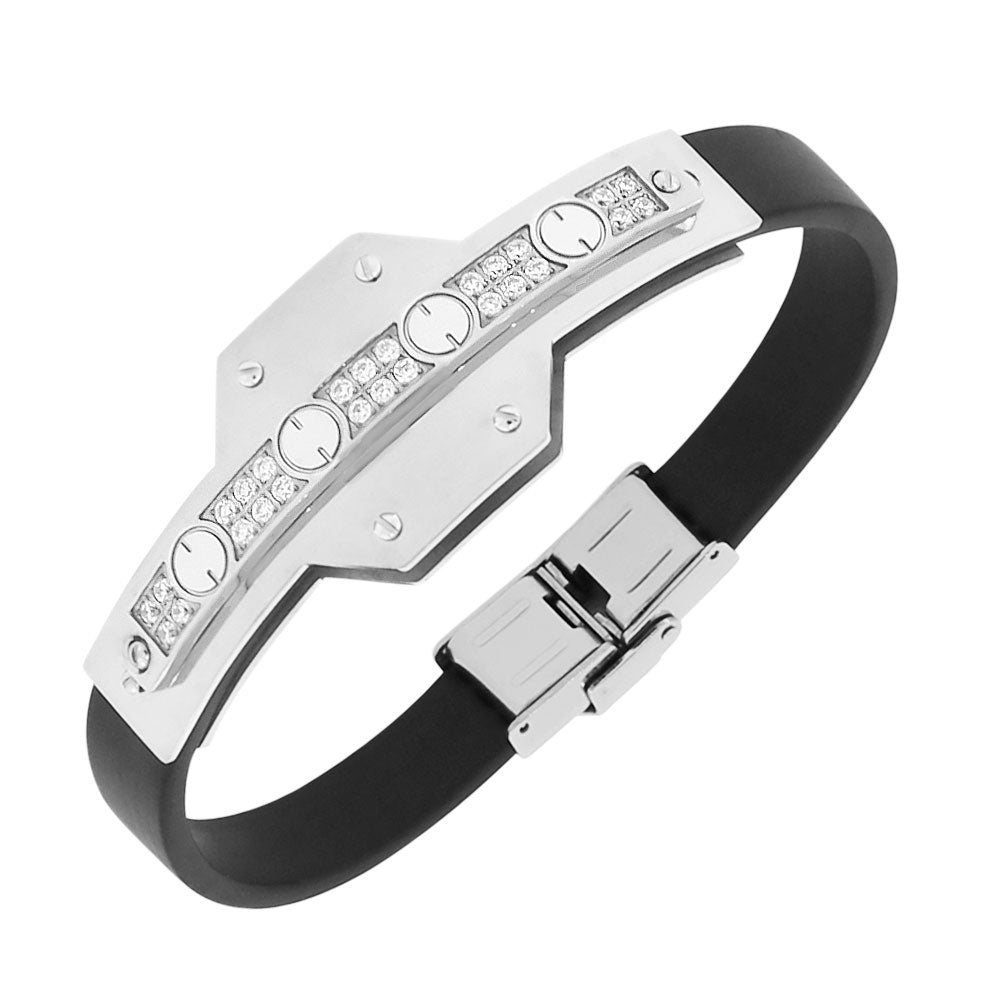 Stainless Steel Black Rubber Silicone Silver-Tone White CZ Men's Bracelet