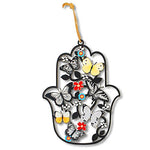 Wooden Good Luck Wall Decor Hamsa Hand Red Pink Multicolor Flowers Floral, 7"