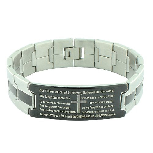 Stainless Steel Black Silver-Tone Religious Cross English Prayer Mens Bracelet