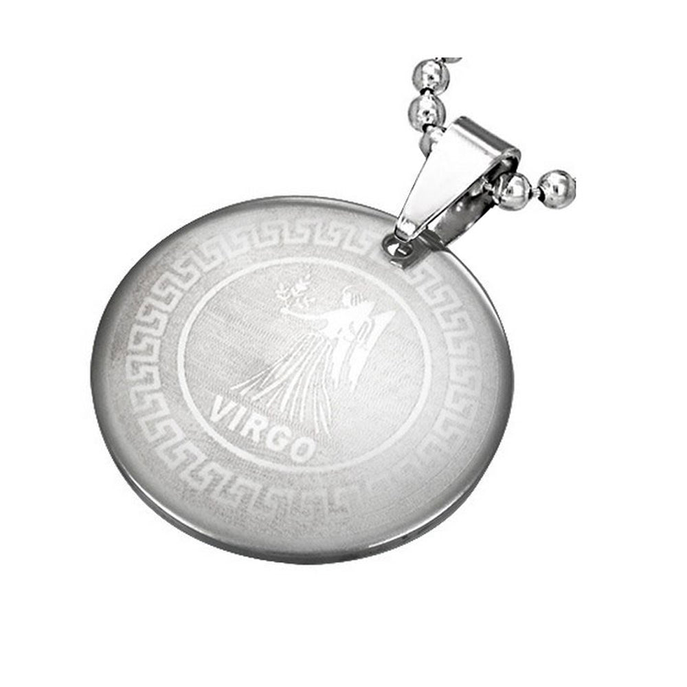 Stainless Steel Silver-Tone Greek Key Zodiac Sign Necklace Pendant - Virgo