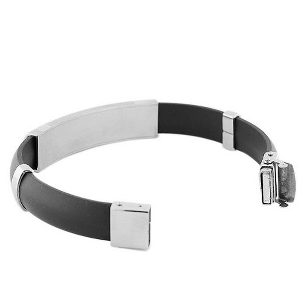 Stainless Steel and Black Rubber Silicone Silver-Tone Men's Bracelet