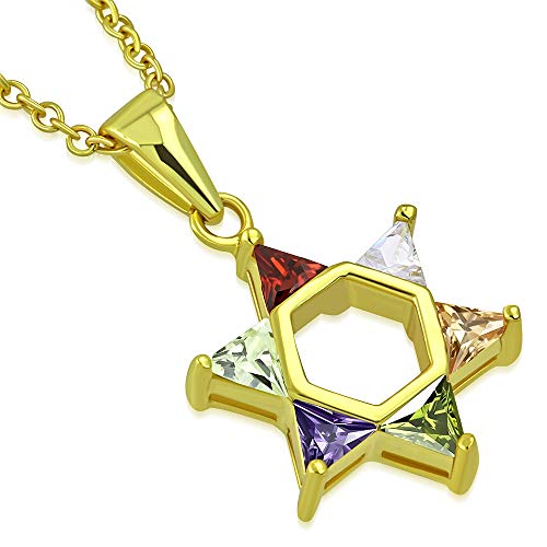 925 Sterling Silver Yellow Gold-Tone Jewish Star of David Multicolor CZ Pendant Necklace