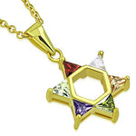 925 Sterling Silver Yellow Gold-Tone Jewish Star of David Multicolor CZ Pendant Necklace