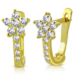 925 Sterling Silver Yellow Gold-Tone White Clear CZ Small Girls Hoop Huggie Flower Floral Earrings, 0.5"
