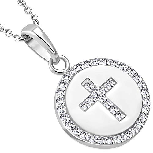 Dainty Circle Cross Necklace Pendant Sterling Silver Cubic Zirconia