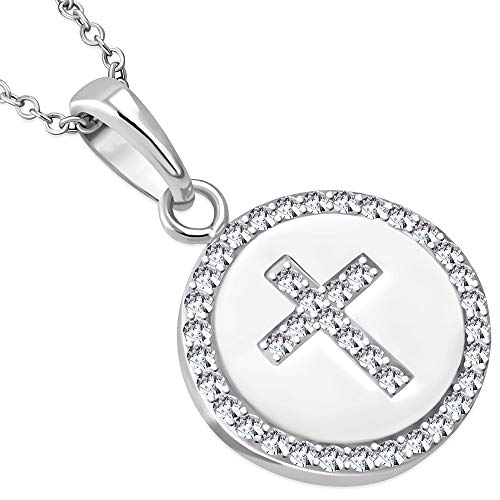 925 Sterling Silver Women Religious Cross Yellow Gold-tone CZ Classic Coin Pendant Necklace