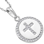 925 Sterling Silver Women Religious Cross Yellow Gold-tone CZ Classic Coin Pendant Necklace