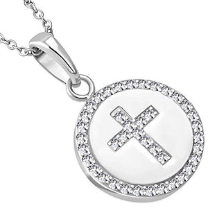 925 Sterling Silver Women Religious Cross Yellow Gold-tone CZ Classic Coin Pendant Necklace