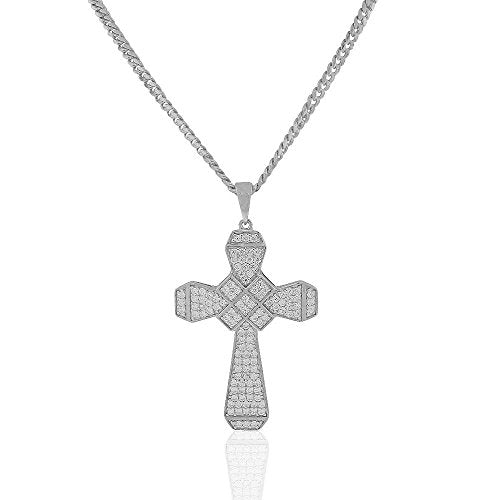 Sterling Silver Yellow Gold-Tone Clear CZ Large Hip-Hop Statement Cross Pendant Necklace