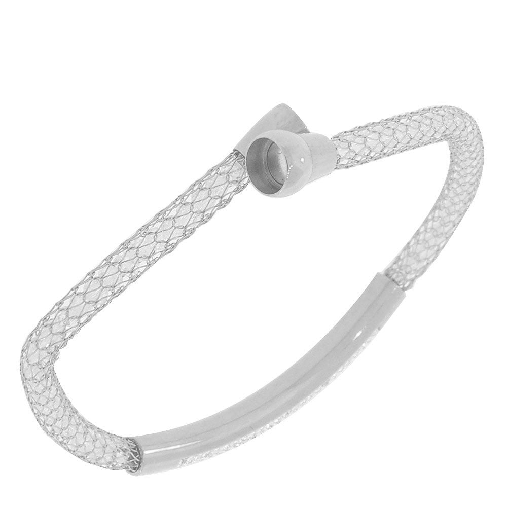 Mesh Bracelet Stainless Steel Silver White Clear CZ , 7.5"
