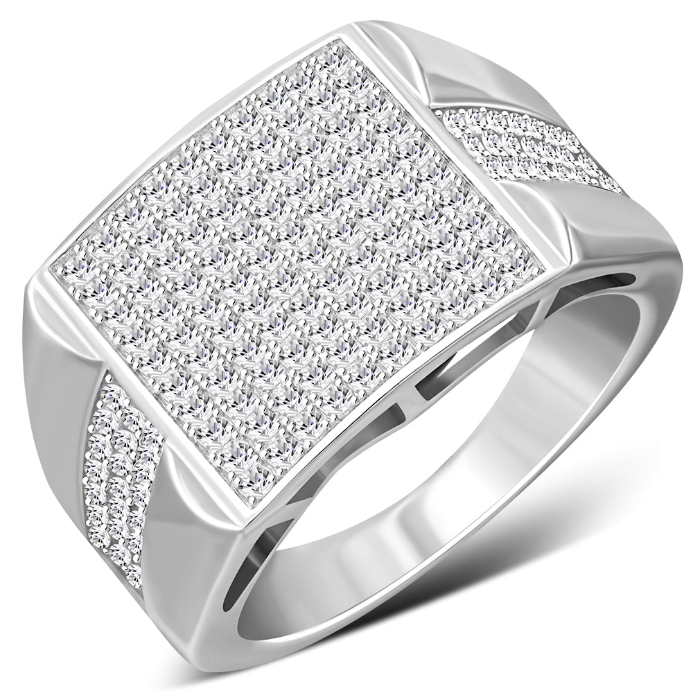 Men's 925 Sterling Silver Rectangular Geometric Statement Ring Cubic Zirconia