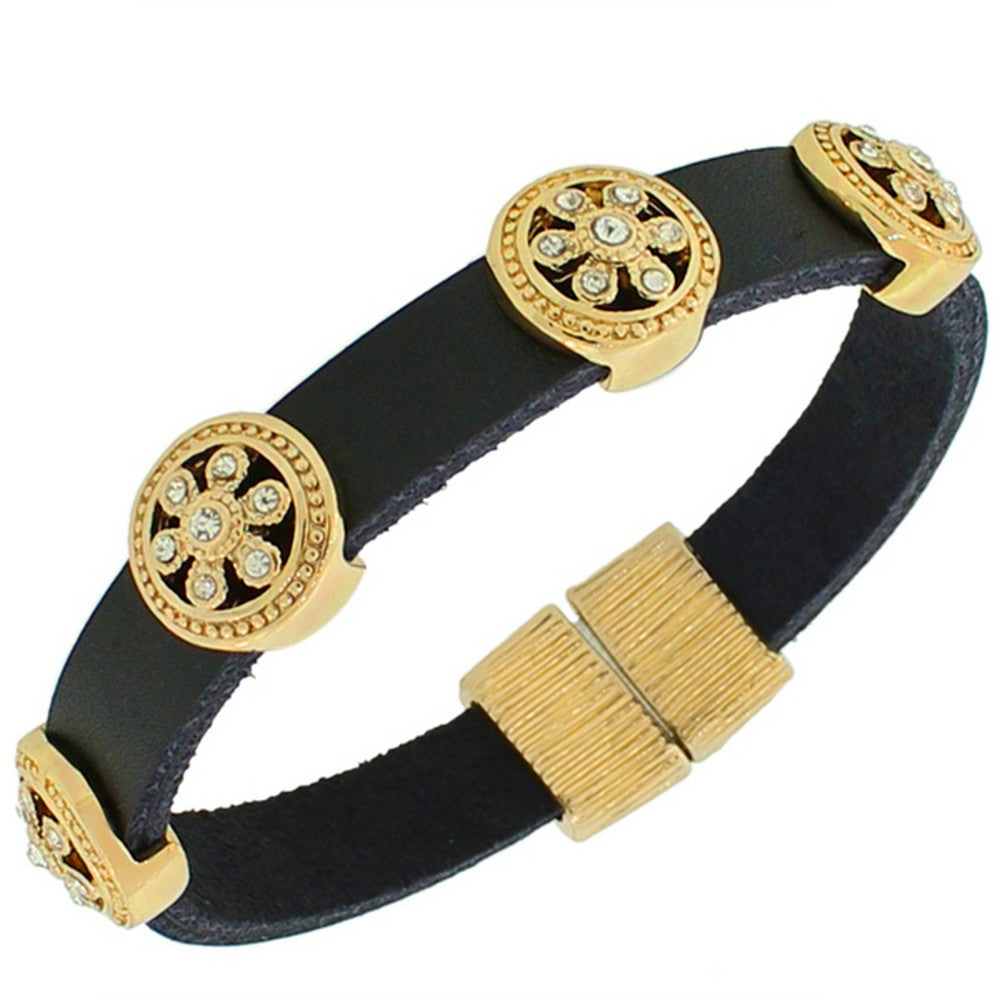 Fashion Alloy Black Leather Yellow Gold-Tone White CZ Wristband Adjustable Bracelet