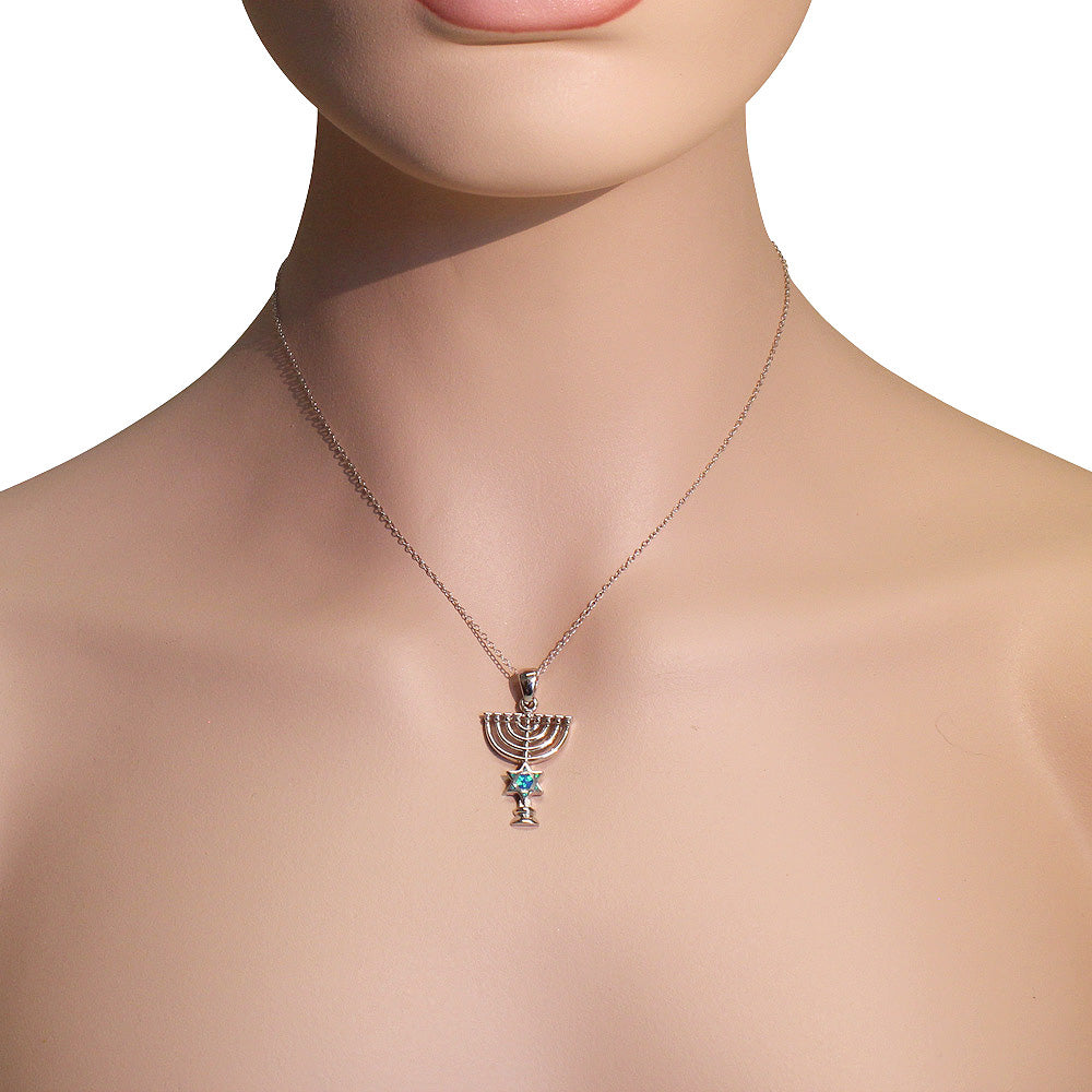 925 Sterling Silver Blue Simulated Opal Jewish Star of David Menorah Pendant Necklace