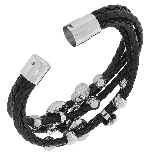 Fashion Alloy Black Faux PU Leather Silver-Tone Multi-Row Layer Bracelet
