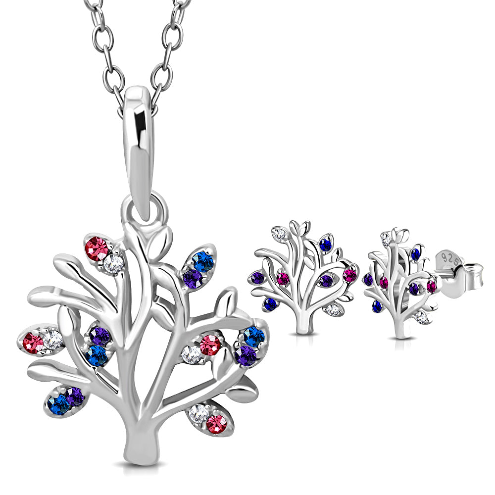 925 Sterling Silver CZ Tree of Life Necklace Earrings Set