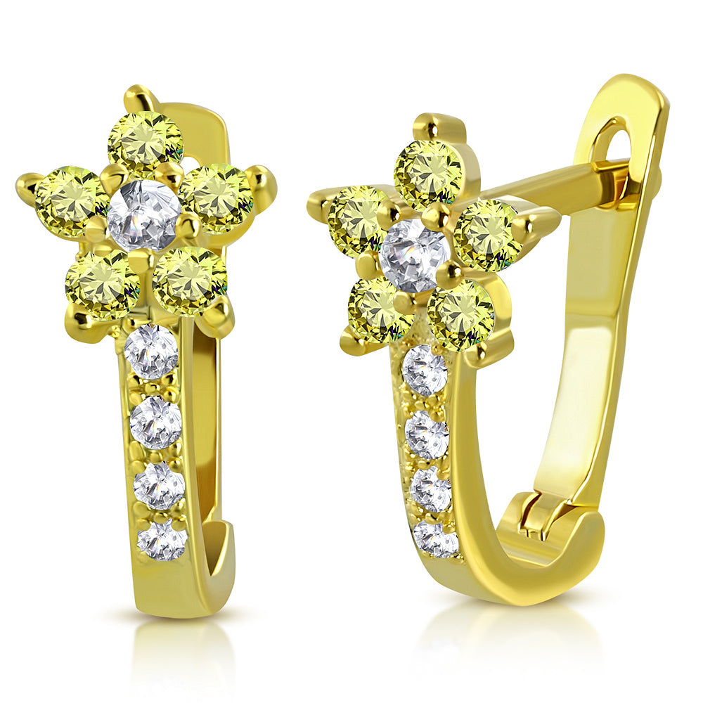925 Sterling Silver Yellow Gold-Tone White Clear CZ Small Girls Hoop Huggie Flower Floral Earrings, 0.5"