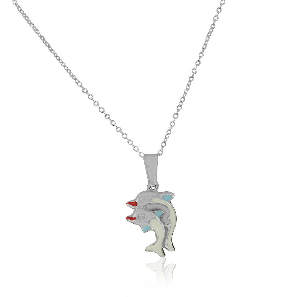 925 Sterling Silver 3D White Blue Enamel Two Dolphins Couple Charm Pendant Necklace
