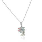 925 Sterling Silver 3D White Blue Enamel Two Dolphins Couple Charm Pendant Necklace