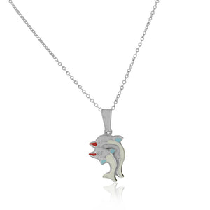 925 Sterling Silver 3D White Blue Enamel Two Dolphins Couple Charm Pendant Necklace